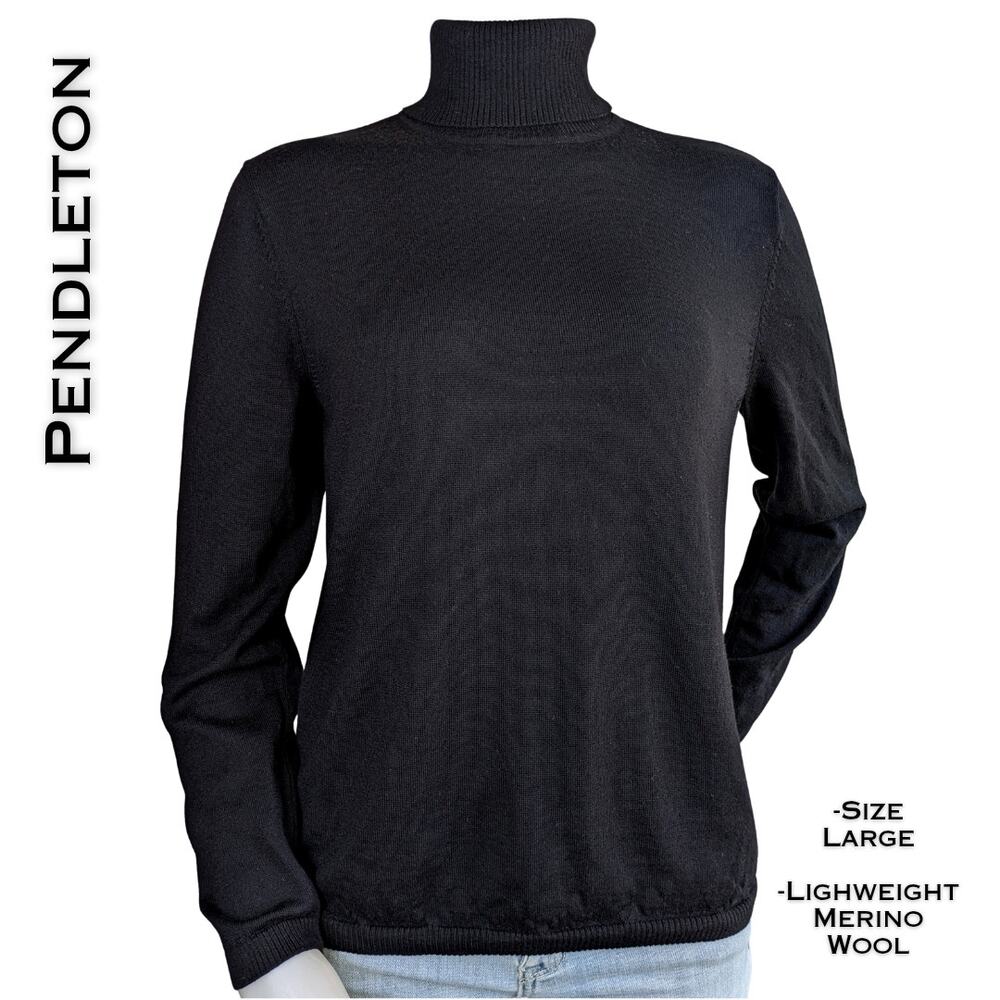 Pendleton Turtleneck Sweater Large Black 100% Merino Wool Lightweight Fine Knit